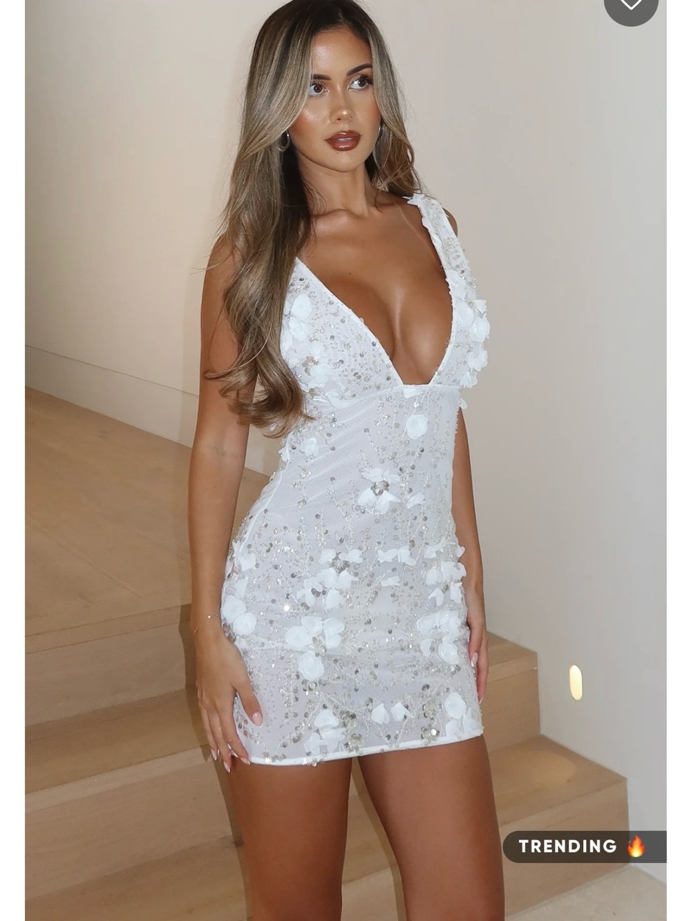 White Fox Boutique White Floral 3D Appliqué Deep V Mini Dress